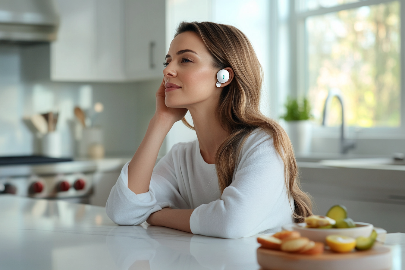 Woman wearing the Nuriva ear-worn wellness device in a calm, everyday setting